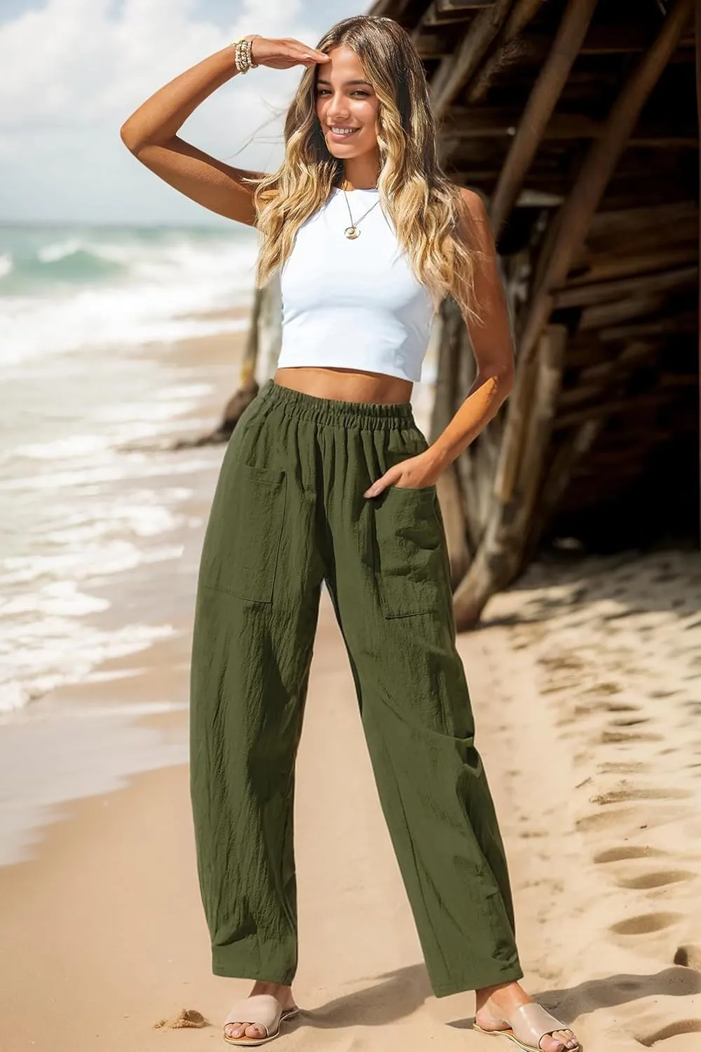HVEPUO Womens Elastic High Waist Summer Wide Leg Pants Baggy Cotton Casual Palazzo Trousers Pull On Barrel Pants with Pockets