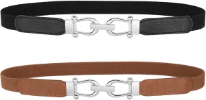 JASGOOD Women Skinny Elastic Belt for Dresses,Thin Retro Stretch Waist Belt with Golden Buckle