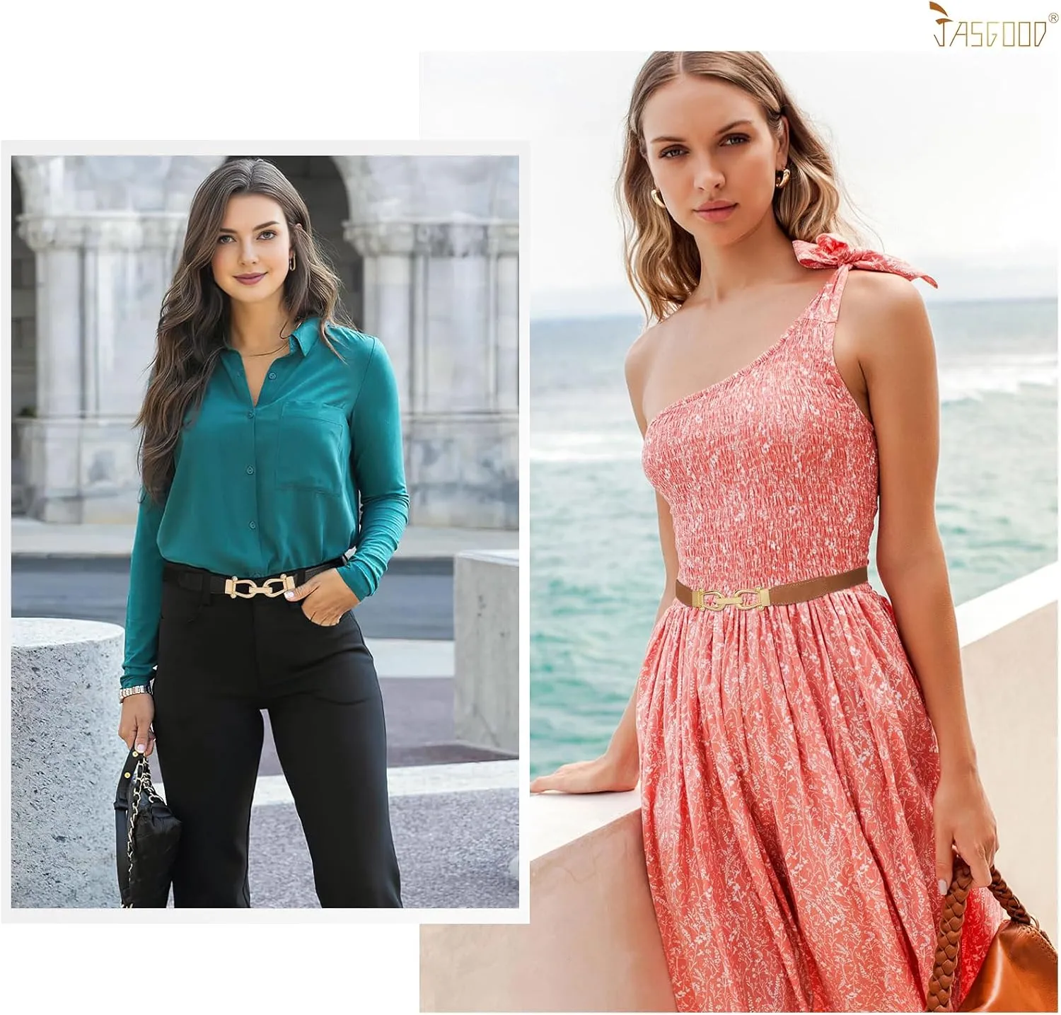 JASGOOD Women Skinny Elastic Belt for Dresses,Thin Retro Stretch Waist Belt with Golden Buckle