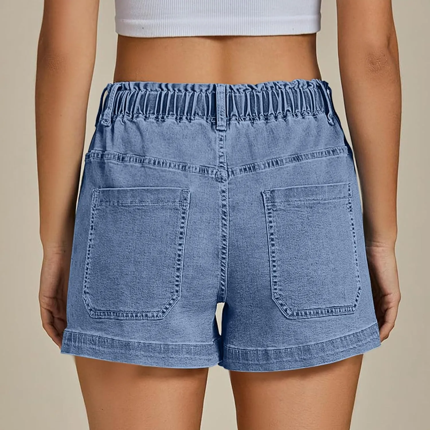 Jean Shorts for Women High Waisted Trendy Patch Pocket Drawstring Casual Summer Stretchy Denim Shorts with Pockets