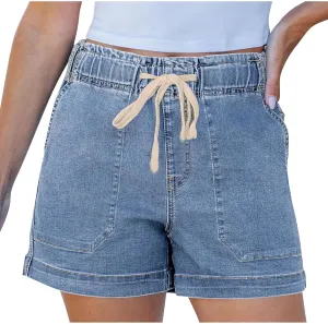 Jean Shorts for Women High Waisted Trendy Patch Pocket Drawstring Casual Summer Stretchy Denim Shorts with Pockets