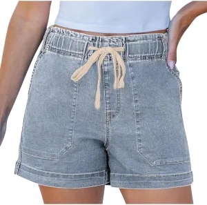 Jean Shorts for Women High Waisted Trendy Patch Pocket Drawstring Casual Summer Stretchy Denim Shorts with Pockets