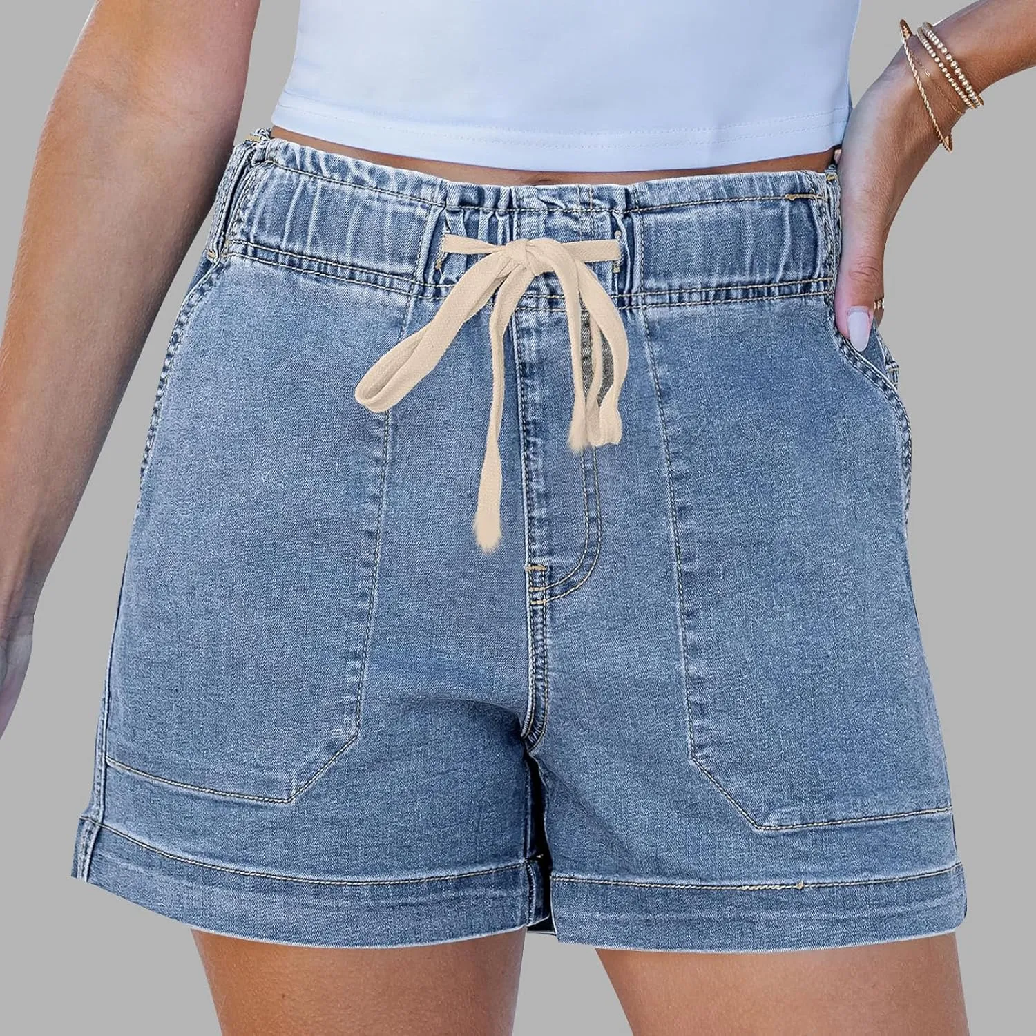 Jean Shorts for Women High Waisted Trendy Patch Pocket Drawstring Casual Summer Stretchy Denim Shorts with Pockets