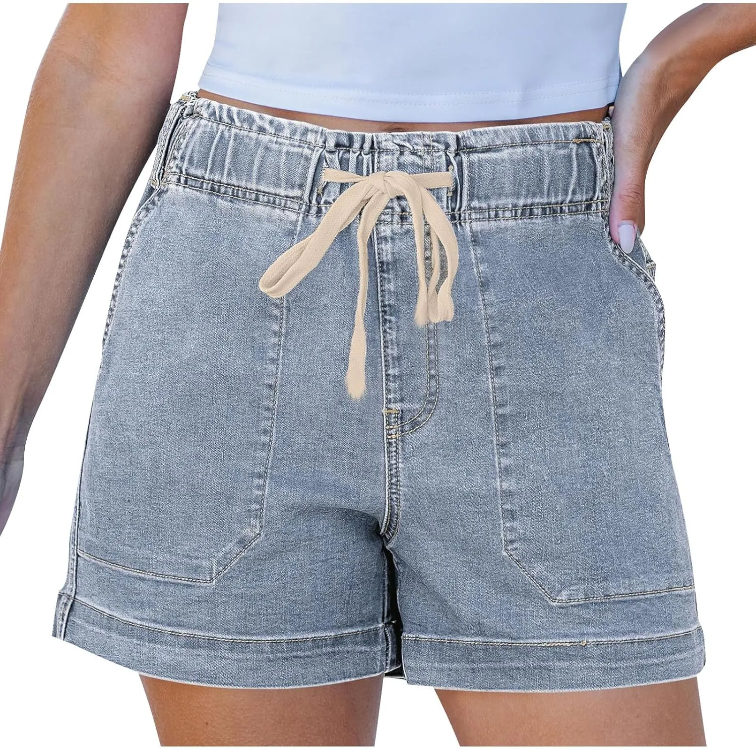 Jean Shorts for Women High Waisted Trendy Patch Pocket Drawstring Casual Summer Stretchy Denim Shorts with Pockets