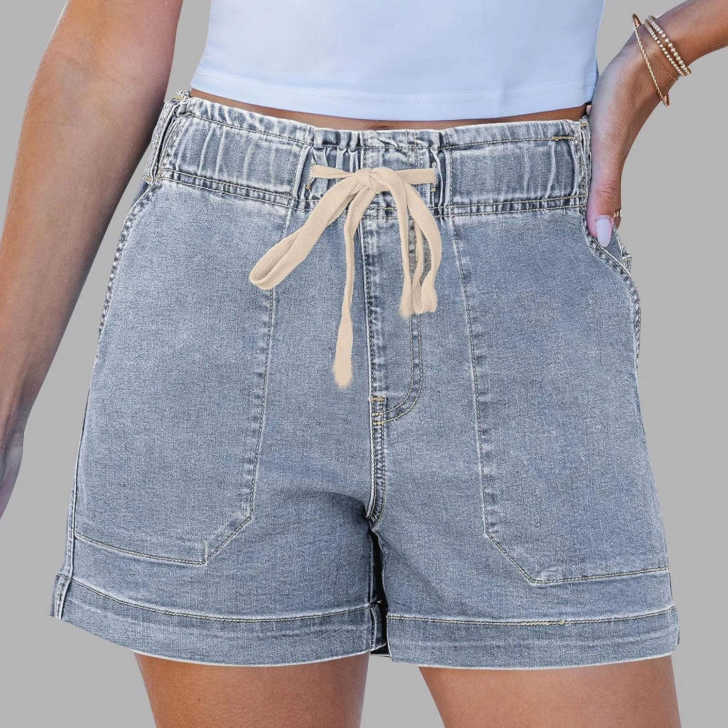 Jean Shorts for Women High Waisted Trendy Patch Pocket Drawstring Casual Summer Stretchy Denim Shorts with Pockets