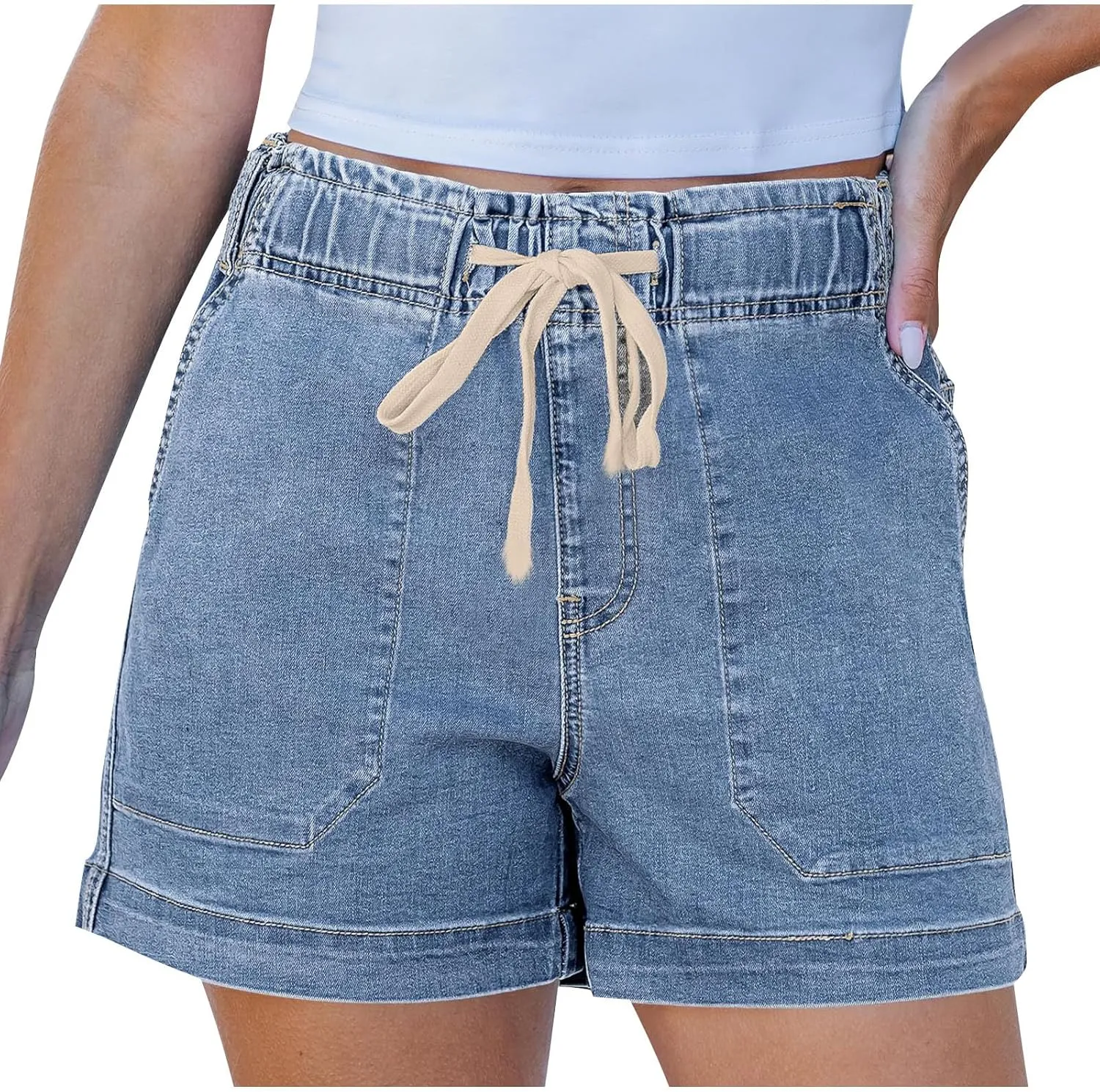 Jean Shorts for Women High Waisted Trendy Patch Pocket Drawstring Casual Summer Stretchy Denim Shorts with Pockets