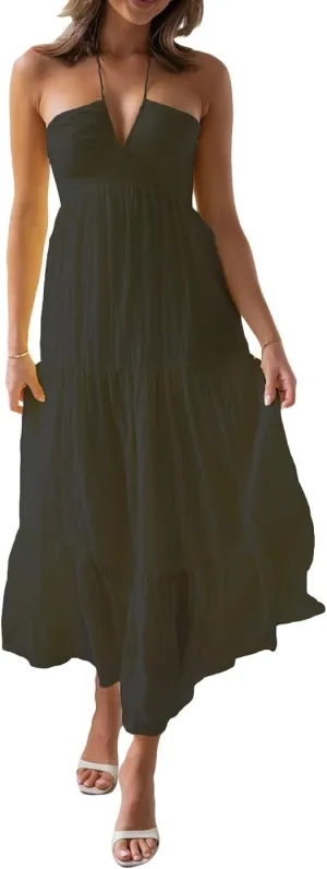 Juakoso Women Sexy Sleeveless Halter Neck Maxi Dress Backless Ruffle Hem Tiered Flowy Long Dress Summer Low Cut Sundress