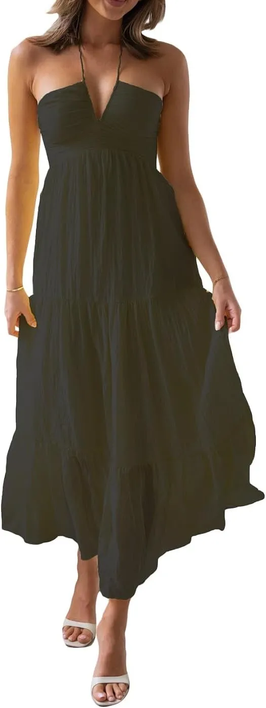 Juakoso Women Sexy Sleeveless Halter Neck Maxi Dress Backless Ruffle Hem Tiered Flowy Long Dress Summer Low Cut Sundress