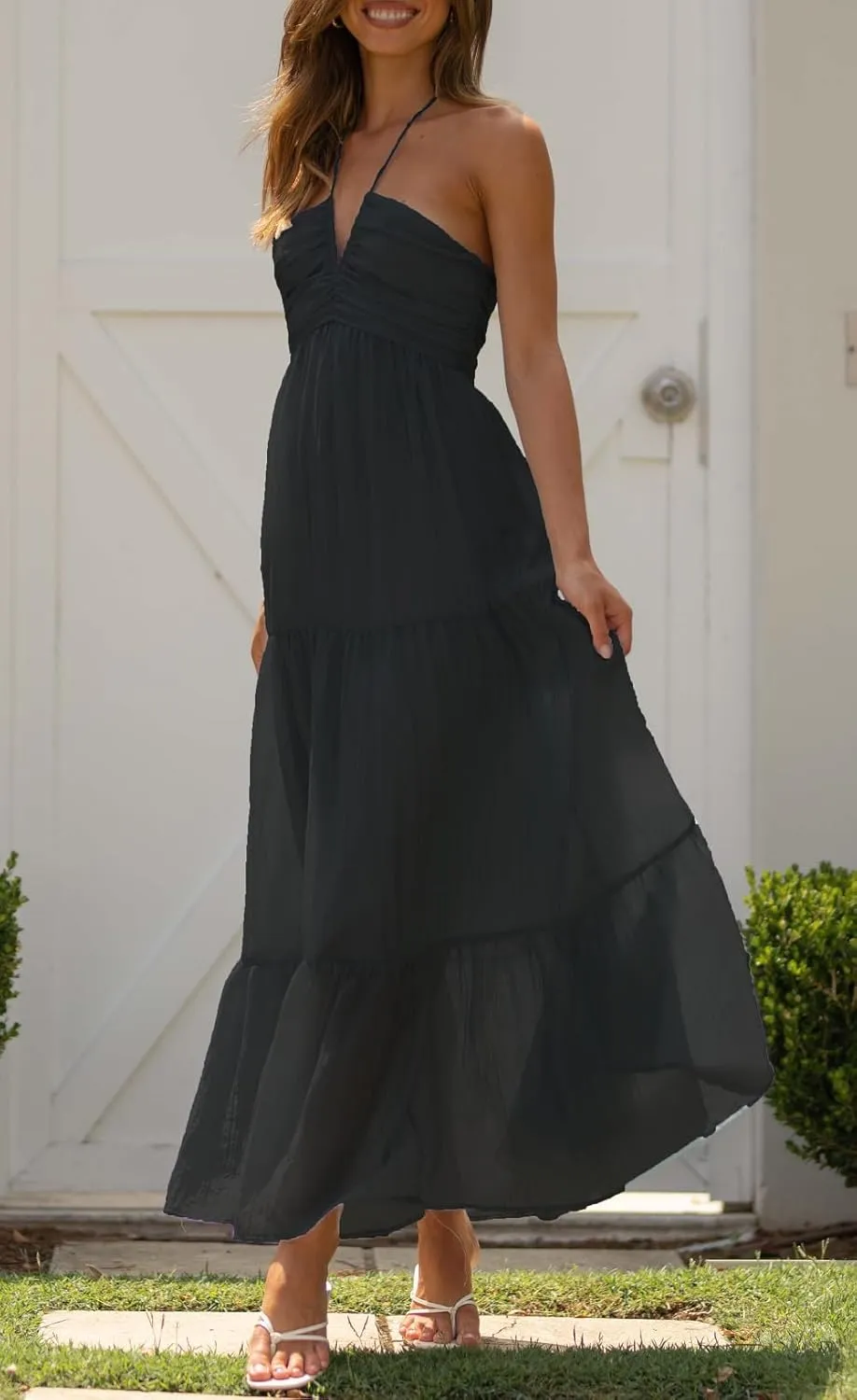 Juakoso Women Sexy Sleeveless Halter Neck Maxi Dress Backless Ruffle Hem Tiered Flowy Long Dress Summer Low Cut Sundress