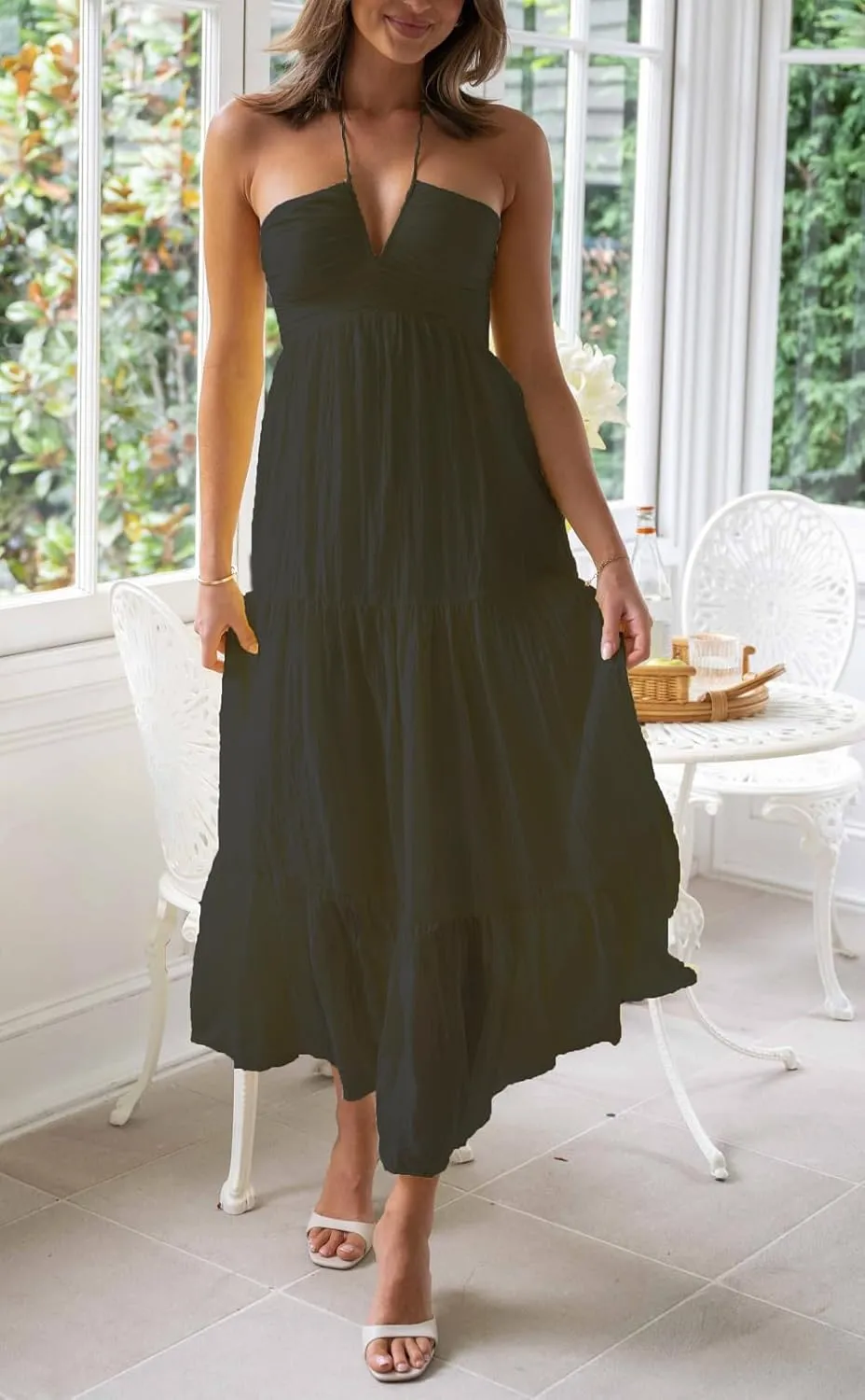 Juakoso Women Sexy Sleeveless Halter Neck Maxi Dress Backless Ruffle Hem Tiered Flowy Long Dress Summer Low Cut Sundress