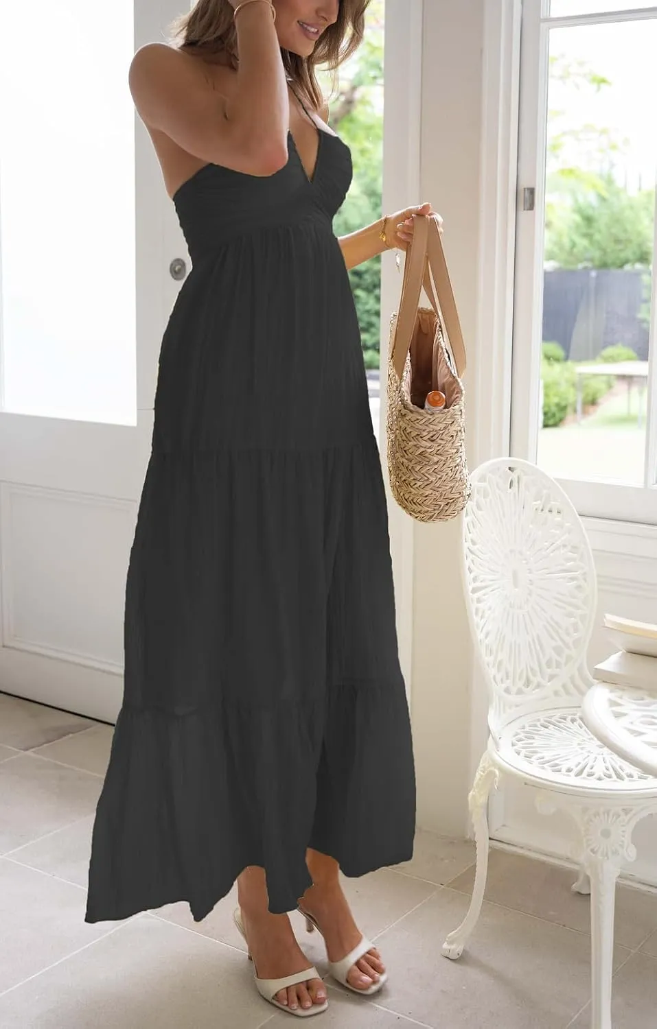 Juakoso Women Sexy Sleeveless Halter Neck Maxi Dress Backless Ruffle Hem Tiered Flowy Long Dress Summer Low Cut Sundress