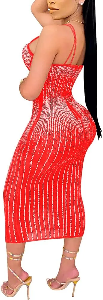 JUNBOON Women Sexy Spaghetti Strap V Neck Rhinestone Embellished Bodycon Midi Sparkle Glitter Dress