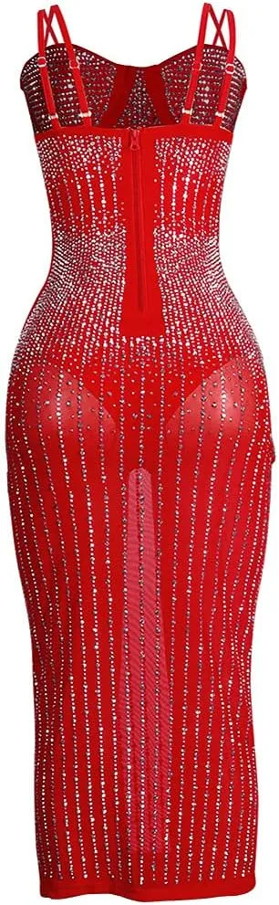 JUNBOON Women Sexy Spaghetti Strap V Neck Rhinestone Embellished Bodycon Midi Sparkle Glitter Dress