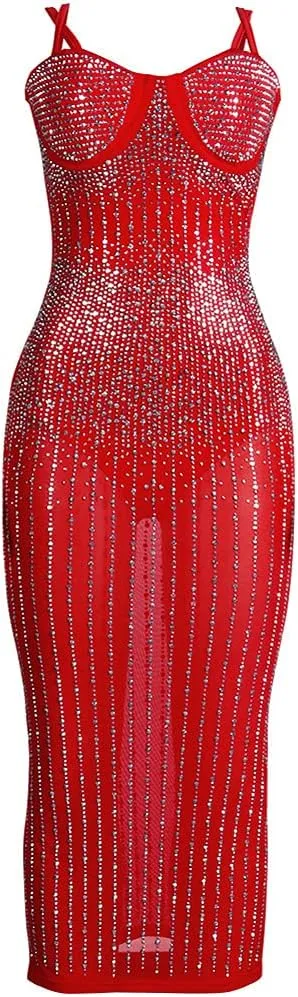 JUNBOON Women Sexy Spaghetti Strap V Neck Rhinestone Embellished Bodycon Midi Sparkle Glitter Dress