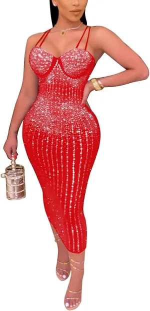 JUNBOON Women Sexy Spaghetti Strap V Neck Rhinestone Embellished Bodycon Midi Sparkle Glitter Dress