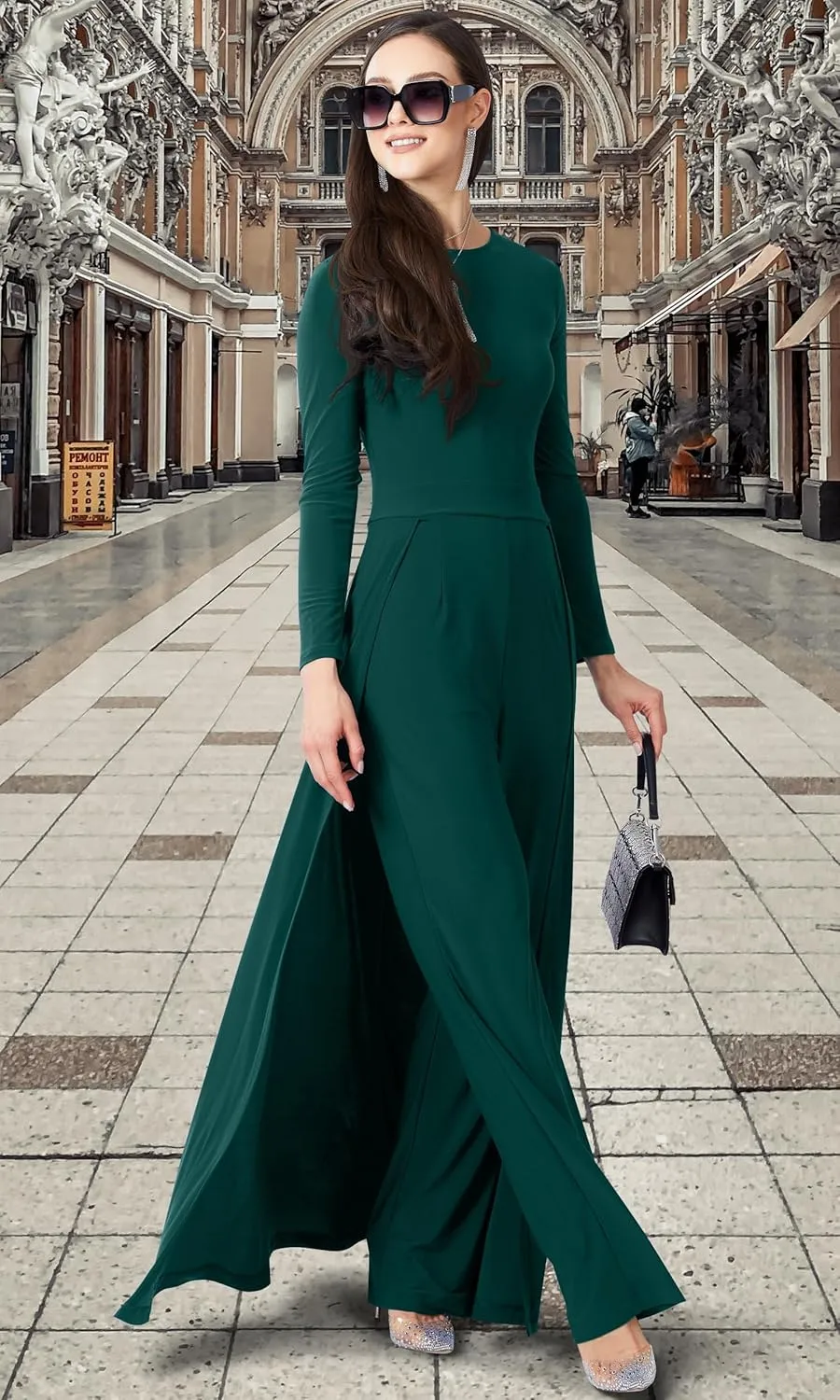 KOH KOH Womens 2025 Long Sleeve Pockets Cape Stretchy Elegant Dressy Jumpsuit