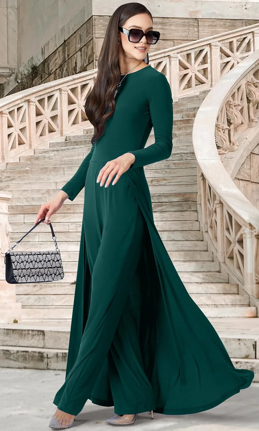 KOH KOH Womens 2025 Long Sleeve Pockets Cape Stretchy Elegant Dressy Jumpsuit