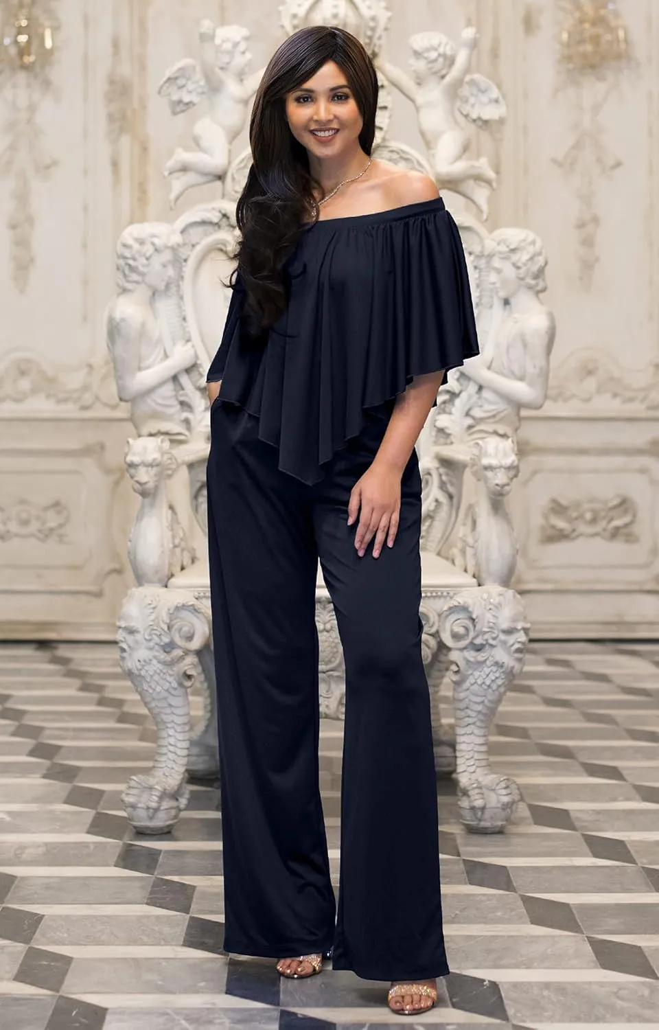 KOH KOH Womens Long Pant Strapless Off Shoulder Pocket One Piece Jumpsuit Outfit