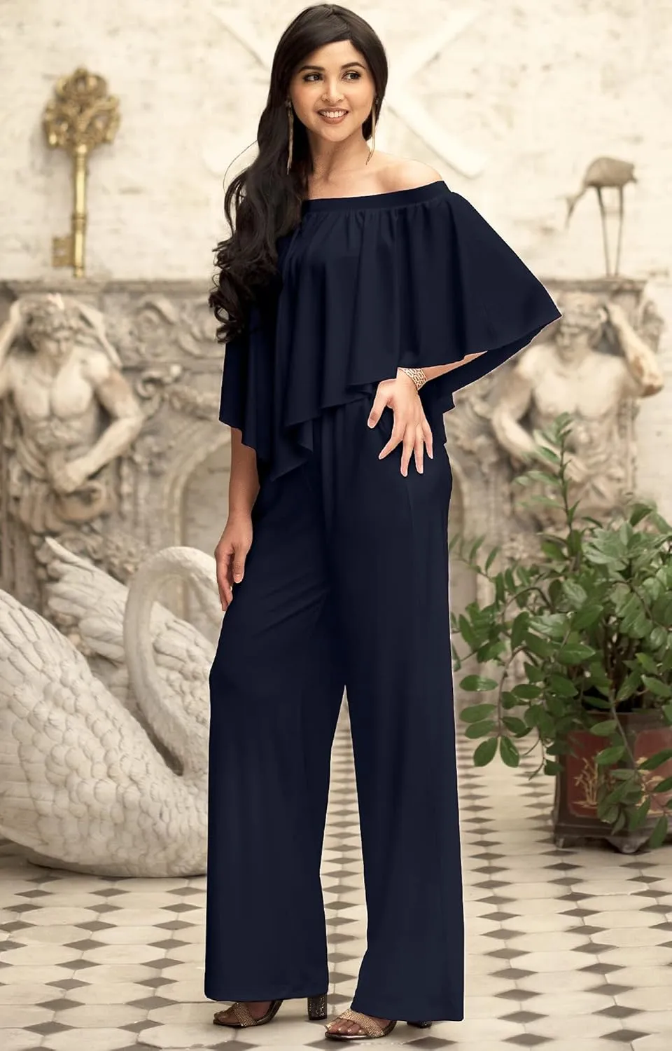 KOH KOH Womens Long Pant Strapless Off Shoulder Pocket One Piece Jumpsuit Outfit