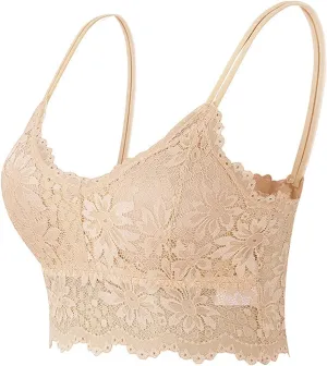 Lace Bralettes for Women Padded Bralette Camisole Racerback Crop Top Floral Lace Bralettes V Neck Bras Trendy