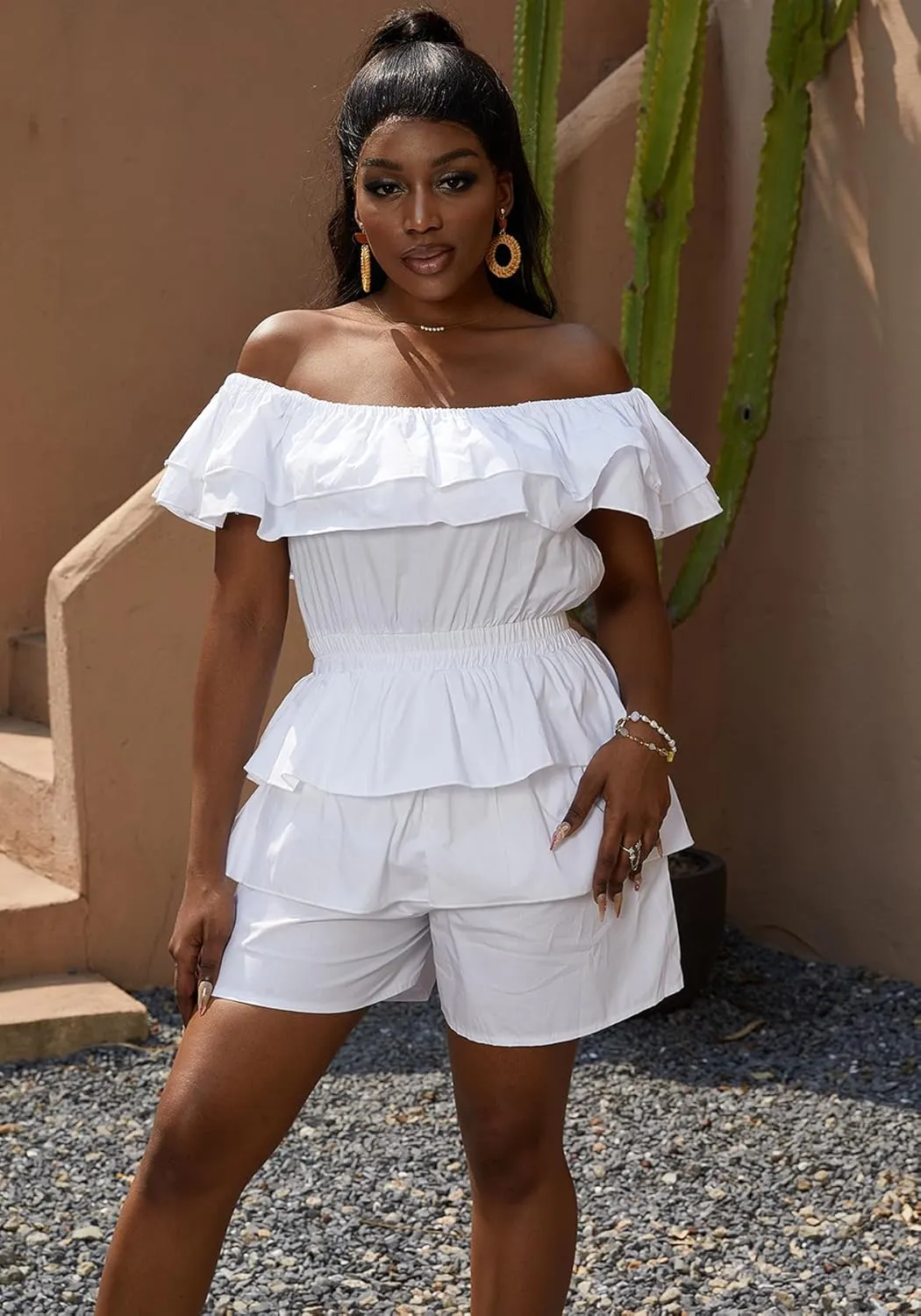 LAJIOJIO Jumpsuits for Women,Sexy Off the Shoulder Ruffle Hem Pleated Short Romper for Summer 2024