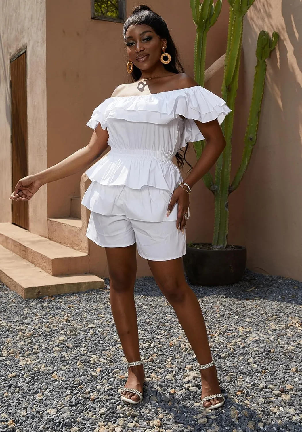 LAJIOJIO Jumpsuits for Women,Sexy Off the Shoulder Ruffle Hem Pleated Short Romper for Summer 2024
