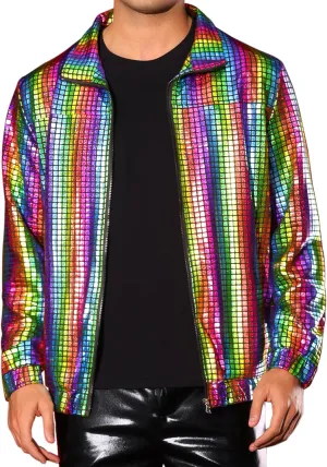 Lars Amadeus Metallic Jacket for Men's Long Sleeve Stand Collar Party Disco Shiny Holographic Jackets