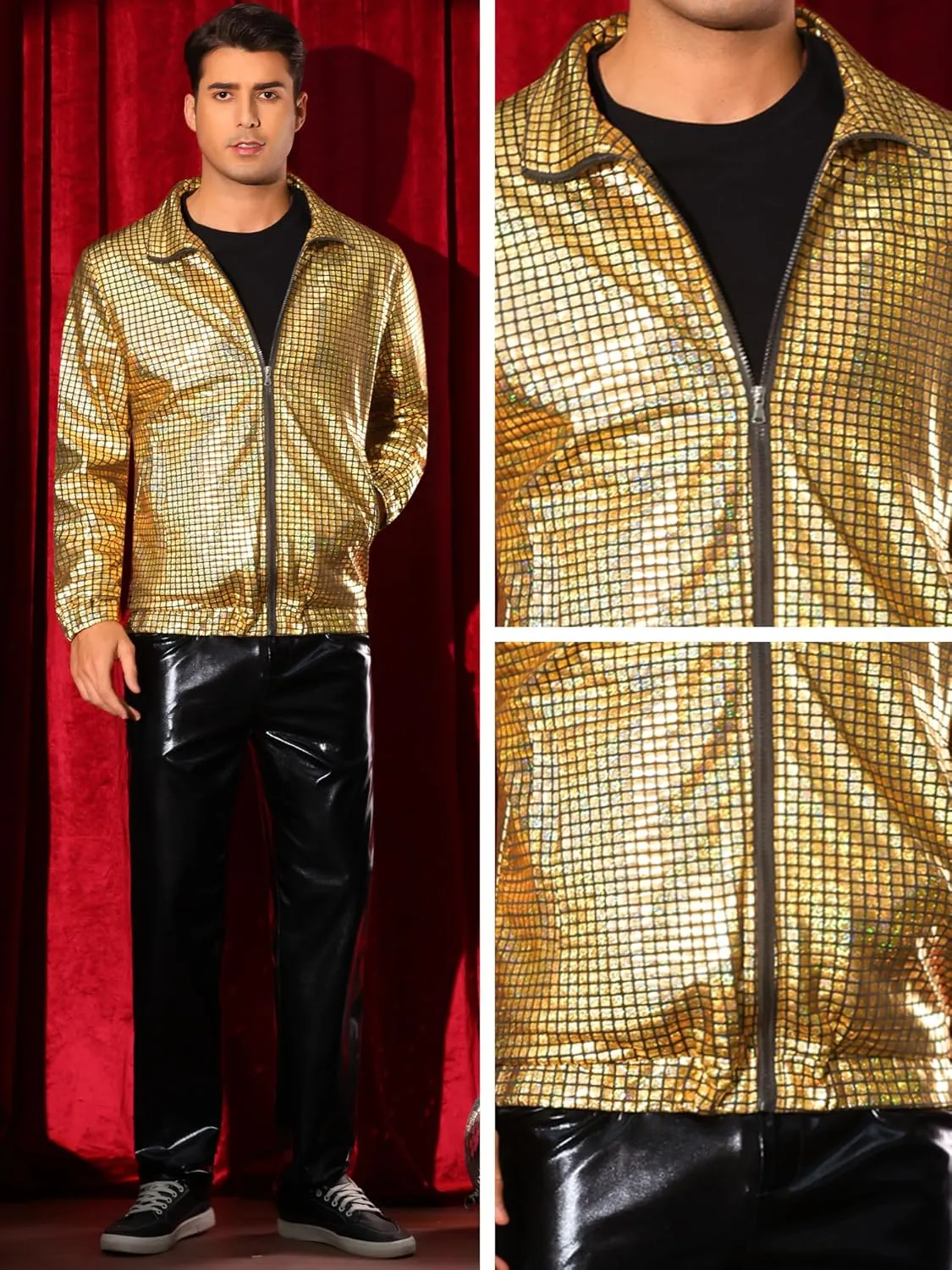 Lars Amadeus Metallic Jacket for Men's Long Sleeve Stand Collar Party Disco Shiny Holographic Jackets