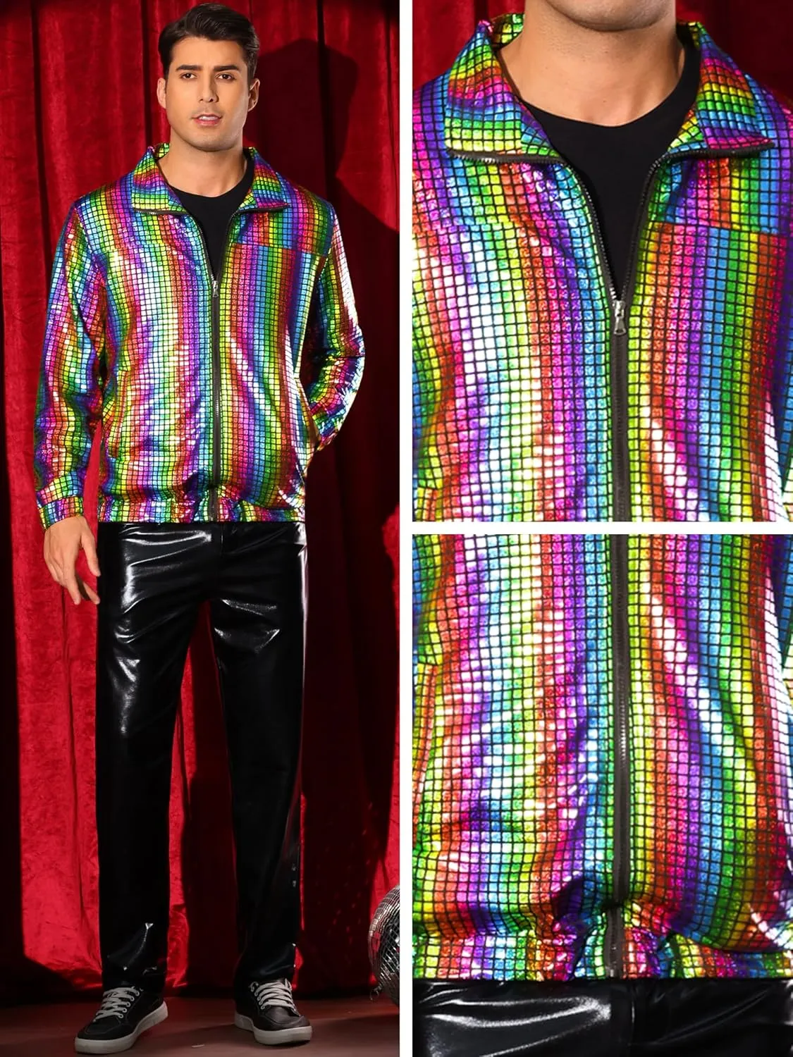 Lars Amadeus Metallic Jacket for Men's Long Sleeve Stand Collar Party Disco Shiny Holographic Jackets