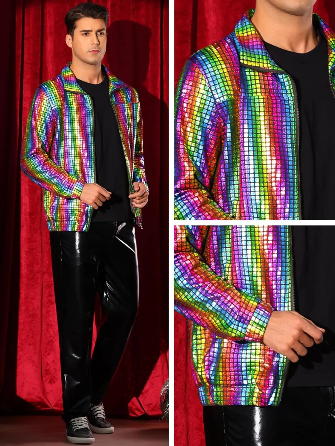 Lars Amadeus Metallic Jacket for Men's Long Sleeve Stand Collar Party Disco Shiny Holographic Jackets