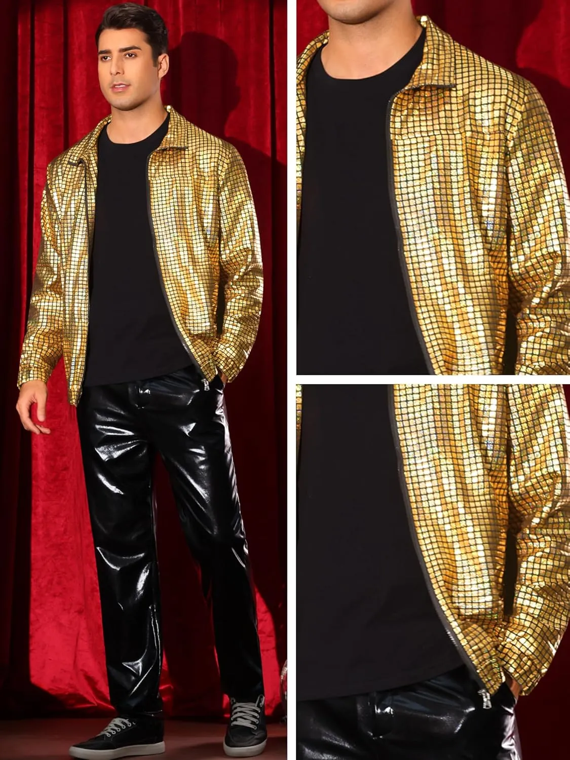 Lars Amadeus Metallic Jacket for Men's Long Sleeve Stand Collar Party Disco Shiny Holographic Jackets