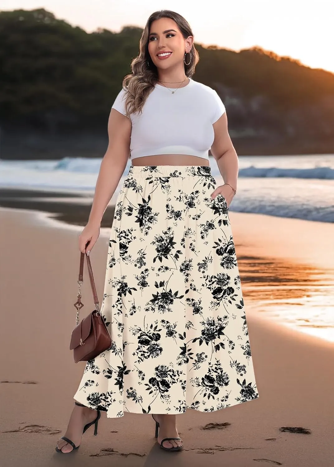 Lastshe Plus Size Maxi Skirts for Women Casual Elastic High Waisted Hide Drawstring Flowy A-line Long Skirt with Pockets