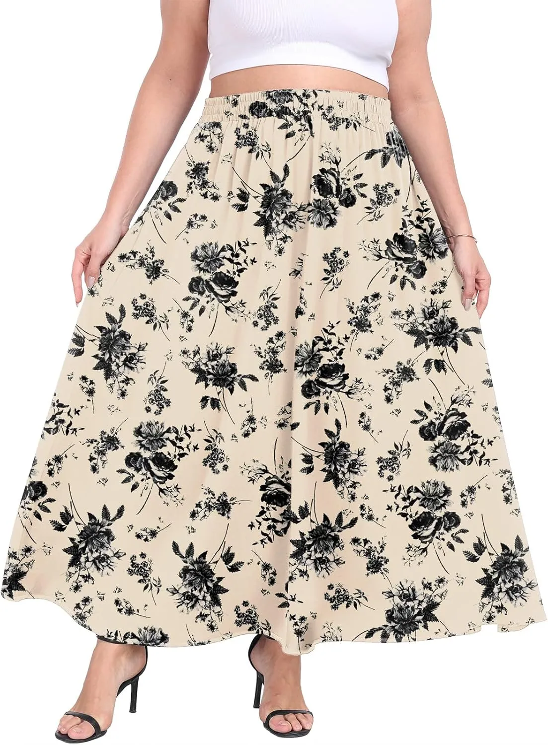 Lastshe Plus Size Maxi Skirts for Women Casual Elastic High Waisted Hide Drawstring Flowy A-line Long Skirt with Pockets