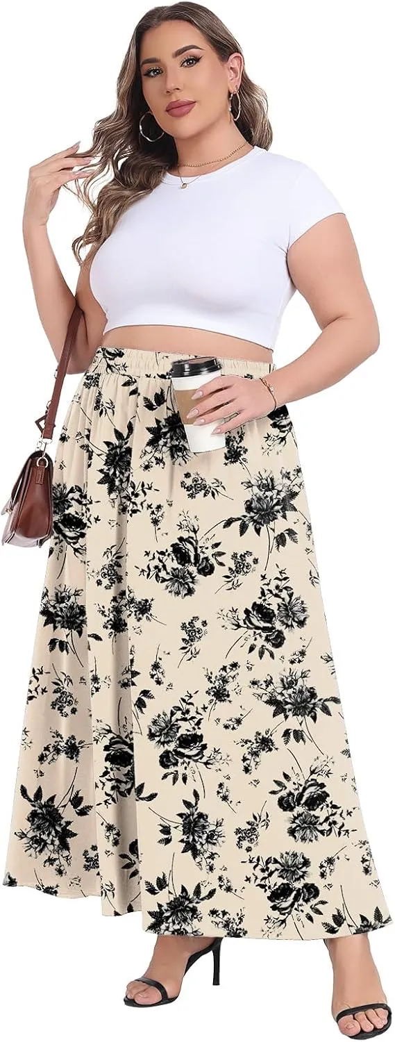 Lastshe Plus Size Maxi Skirts for Women Casual Elastic High Waisted Hide Drawstring Flowy A-line Long Skirt with Pockets