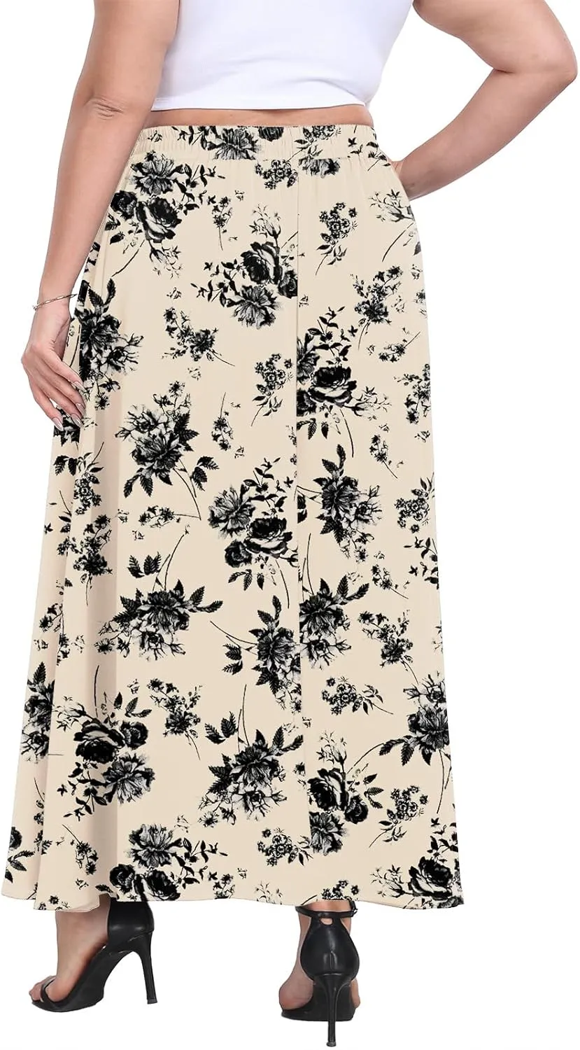 Lastshe Plus Size Maxi Skirts for Women Casual Elastic High Waisted Hide Drawstring Flowy A-line Long Skirt with Pockets
