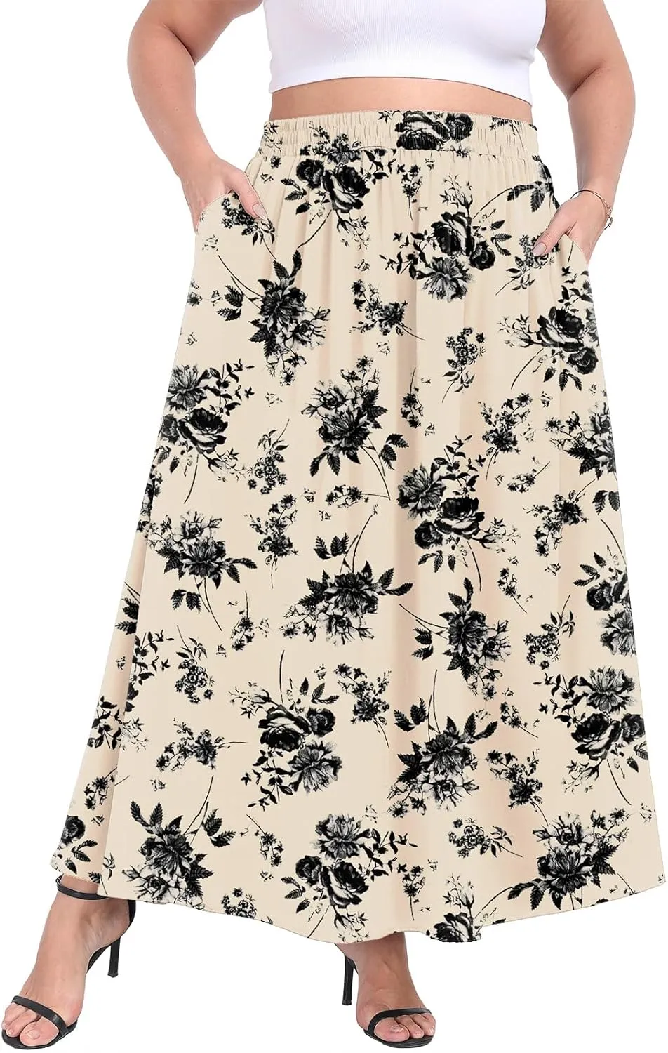 Lastshe Plus Size Maxi Skirts for Women Casual Elastic High Waisted Hide Drawstring Flowy A-line Long Skirt with Pockets