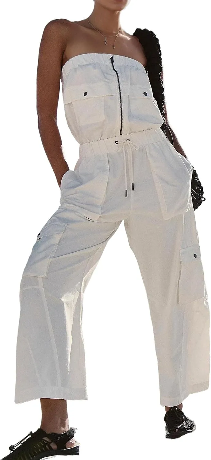 Lauweion Women's Summer Wide Leg Jumpsuits Front Zipper Tube Top Pants Rompers Drawstring Overalls with Pockets