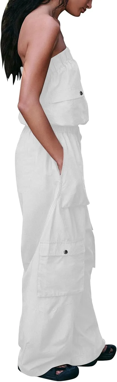 Lauweion Women's Summer Wide Leg Jumpsuits Front Zipper Tube Top Pants Rompers Drawstring Overalls with Pockets
