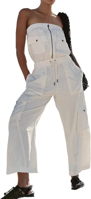 Lauweion Women's Summer Wide Leg Jumpsuits Front Zipper Tube Top Pants Rompers Drawstring Overalls with Pockets