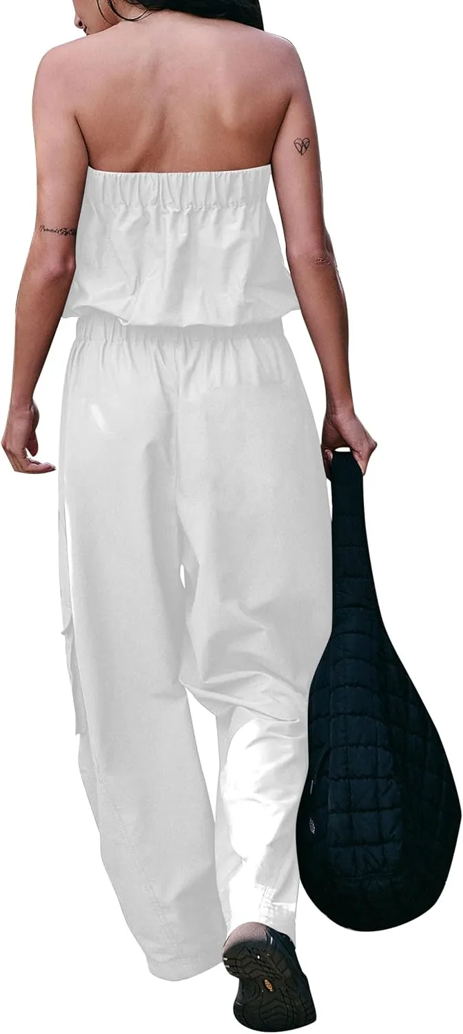 Lauweion Women's Summer Wide Leg Jumpsuits Front Zipper Tube Top Pants Rompers Drawstring Overalls with Pockets
