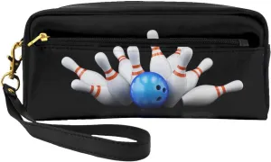 Leather Makeup Bag Bowling Bottle Print Portable Small Cosmetic Organizer Purse Travel For Women