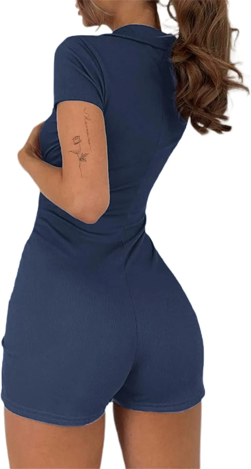 LilyCoco Womens Button Up Bodycon Romper Shorts Short Sleeve Collared Sexy One Piece