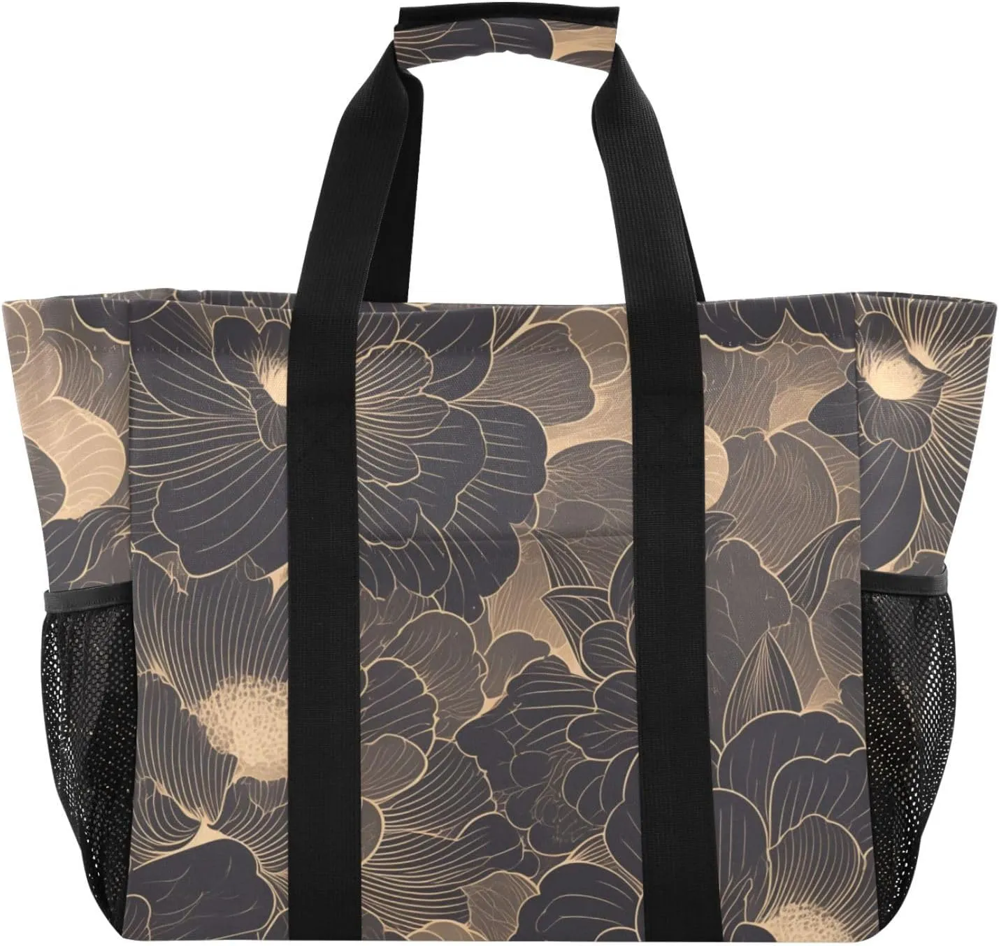 Line Drawing Flower Gold Black Utility Bag Foldable Beach Tote With Pockets Resuable Grocery Bags with Handles Carrier Bags