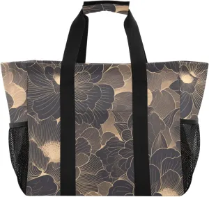 Line Drawing Flower Gold Black Utility Bag Foldable Beach Tote With Pockets Resuable Grocery Bags with Handles Carrier Bags