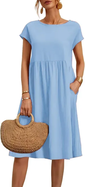 Linen Dresses for Women 2025 Summer Cotton Short Sleeve Crewneck Midi Dress Casual Loose Flowy Beach Sundresses with Pockets
