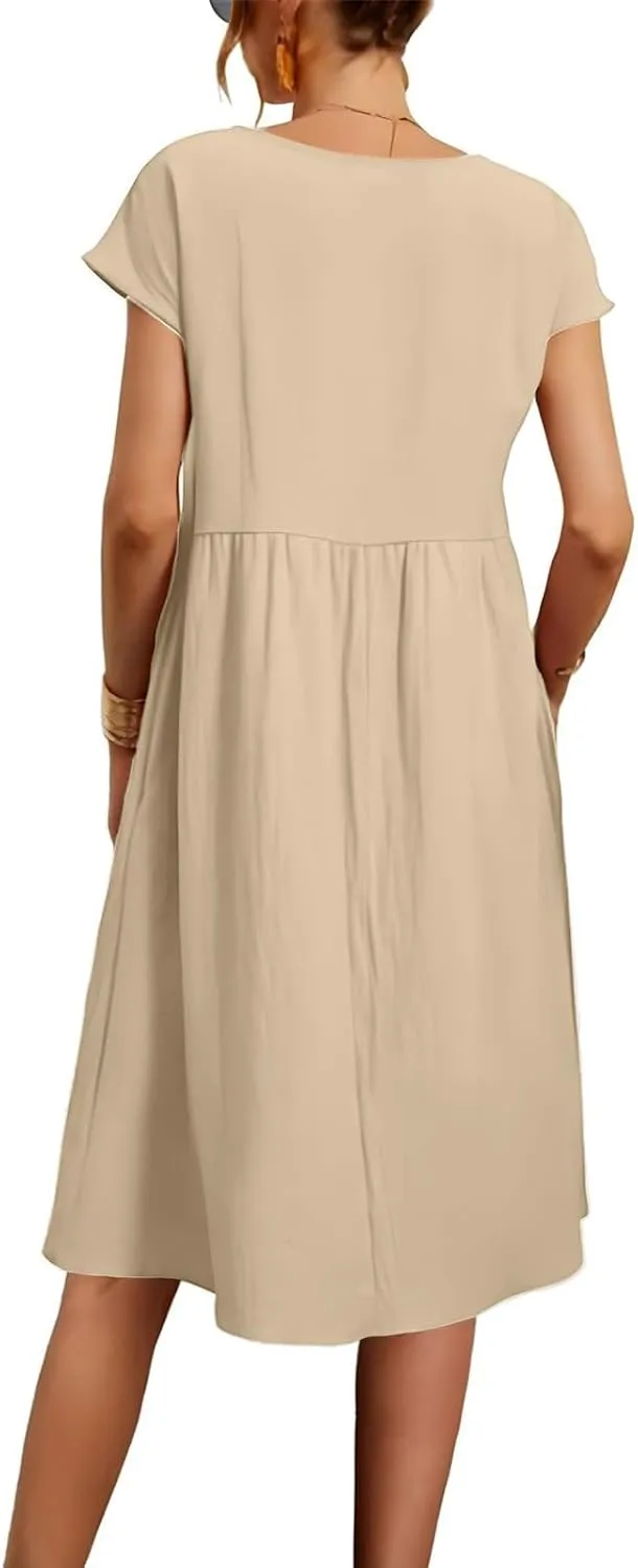 Linen Dresses for Women 2025 Summer Cotton Short Sleeve Crewneck Midi Dress Casual Loose Flowy Beach Sundresses with Pockets