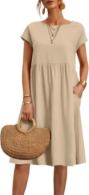 Linen Dresses for Women 2025 Summer Cotton Short Sleeve Crewneck Midi Dress Casual Loose Flowy Beach Sundresses with Pockets