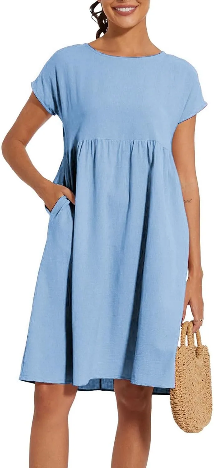 Linen Dresses for Women 2025 Summer Cotton Short Sleeve Crewneck Midi Dress Casual Loose Flowy Beach Sundresses with Pockets