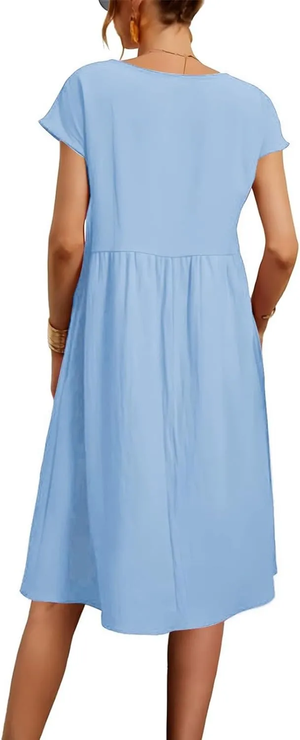 Linen Dresses for Women 2025 Summer Cotton Short Sleeve Crewneck Midi Dress Casual Loose Flowy Beach Sundresses with Pockets