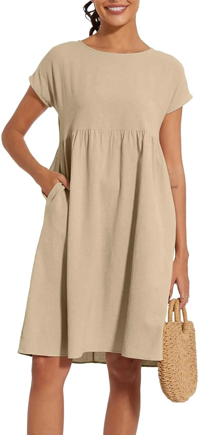 Linen Dresses for Women 2025 Summer Cotton Short Sleeve Crewneck Midi Dress Casual Loose Flowy Beach Sundresses with Pockets